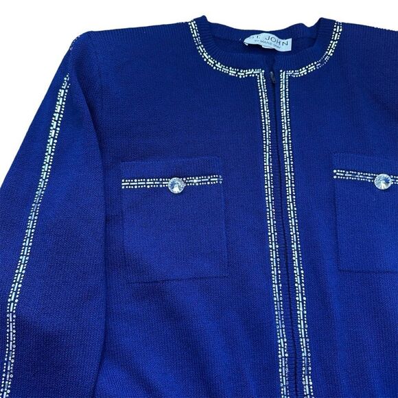 ST. JOHN Size 14 Royal Blue Made In USA Rhinestone Trimmed Knit Jumpsuit Pockets - Picture 12 of 16